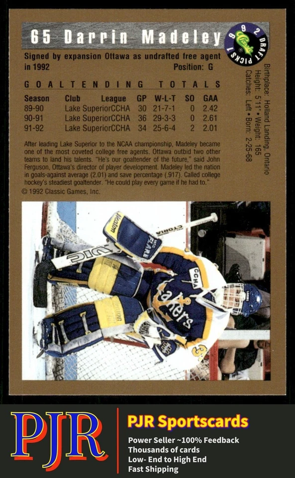 Darrin Madeley 1992 Classic Draft Picks #65 Lake Superior State Lakers - Image 2 of 2