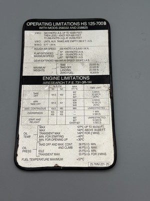 Hawker HS 125-700B Operating Limitations Cockpit Reference Placard 25-7DC-55A