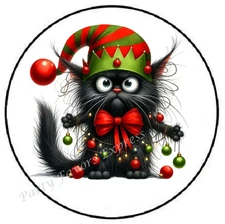 BLACK CHRISTMAS CAT WITH ORNAMENTS ENVELOPE SEALS LABELS STICKERS PARTY FAVORS