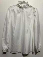 1980s Vintage East Blvd. High Neck Victorian Style Blouse Ivory Satin L-XL