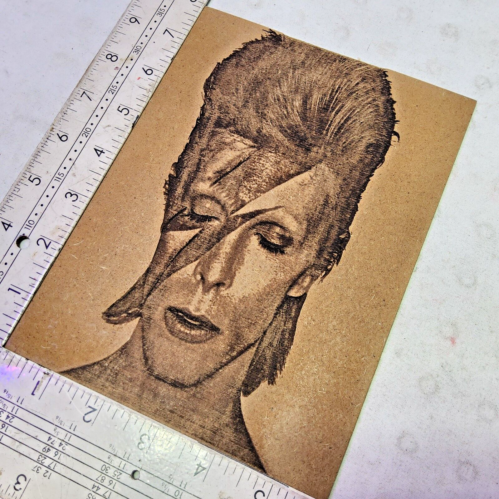 Laser engraved Ziggy Stardust David Bowie textured 3d portrait mdf board 6x8