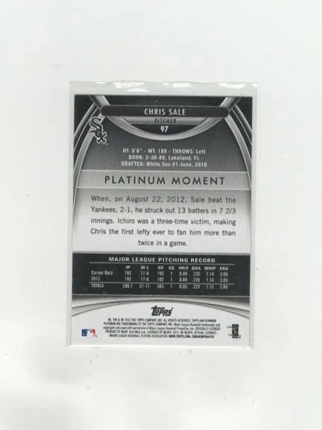 2013 Bowman Platinum Blue Sapphire Chris Sale #97 - Image 2 of 2
