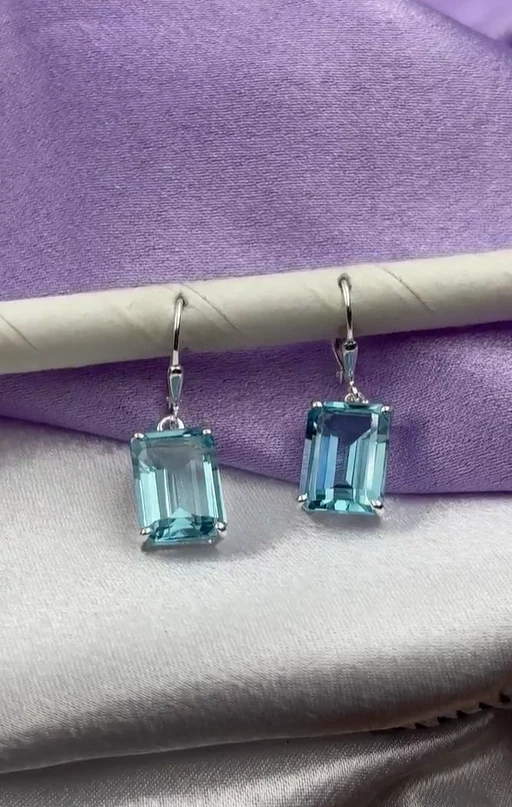 Pendientes colgantes de aguamarina de plata 925 con corte rectangular natural Foto 2 de 4