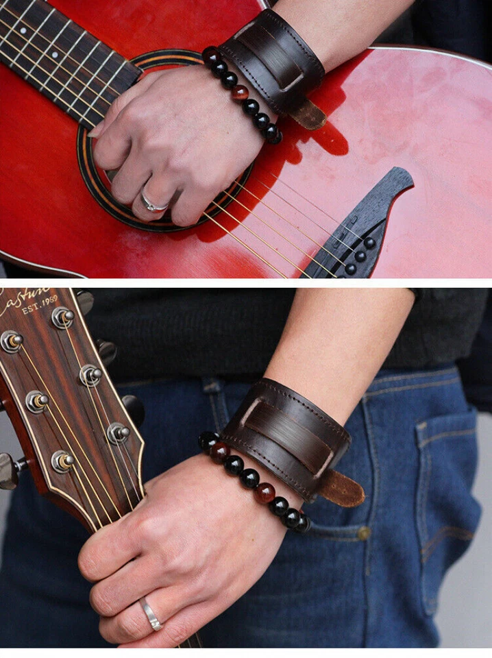 Hombres Moda Negro/Marrón Ancho Cuero PU Correa de Reloj Motociclista Puño Pulsera Pulsera Foto 4 de 4