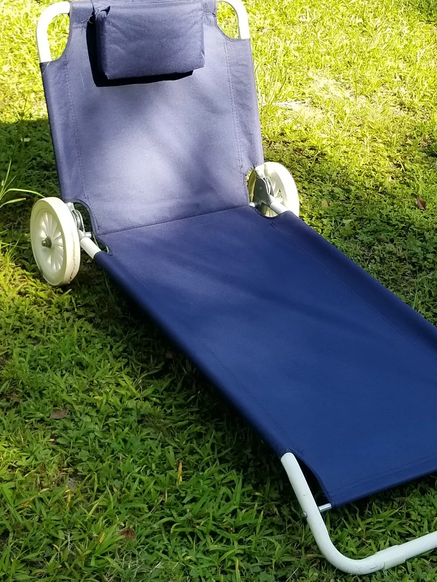 ROLLING ADJUSTABLE BEACH LOUNGE CHAIR ON WHEELS BLUE eBay