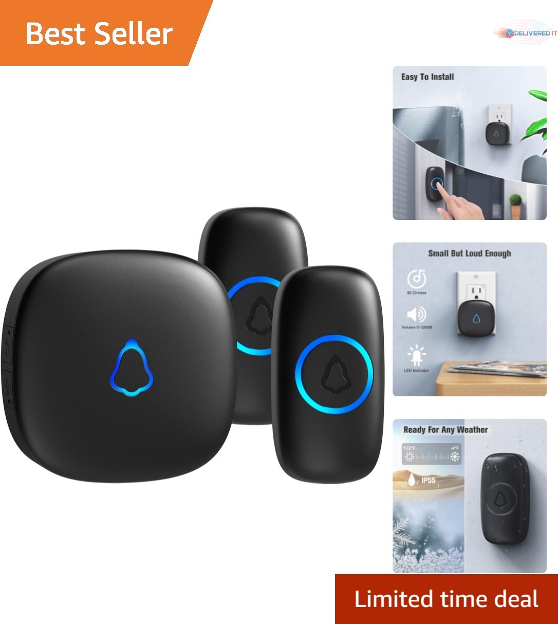 2-Button Wireless Doorbell with Colorful LED & 110dB Long Range-image