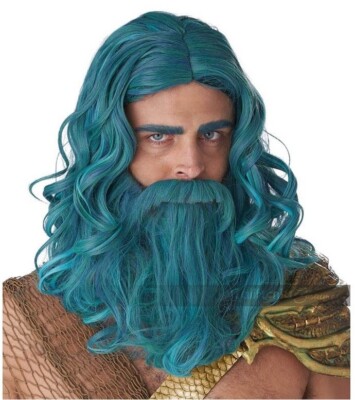 Ocean King  Poseidon Neptune  Teal Wig Beard Moustache Adult Merman