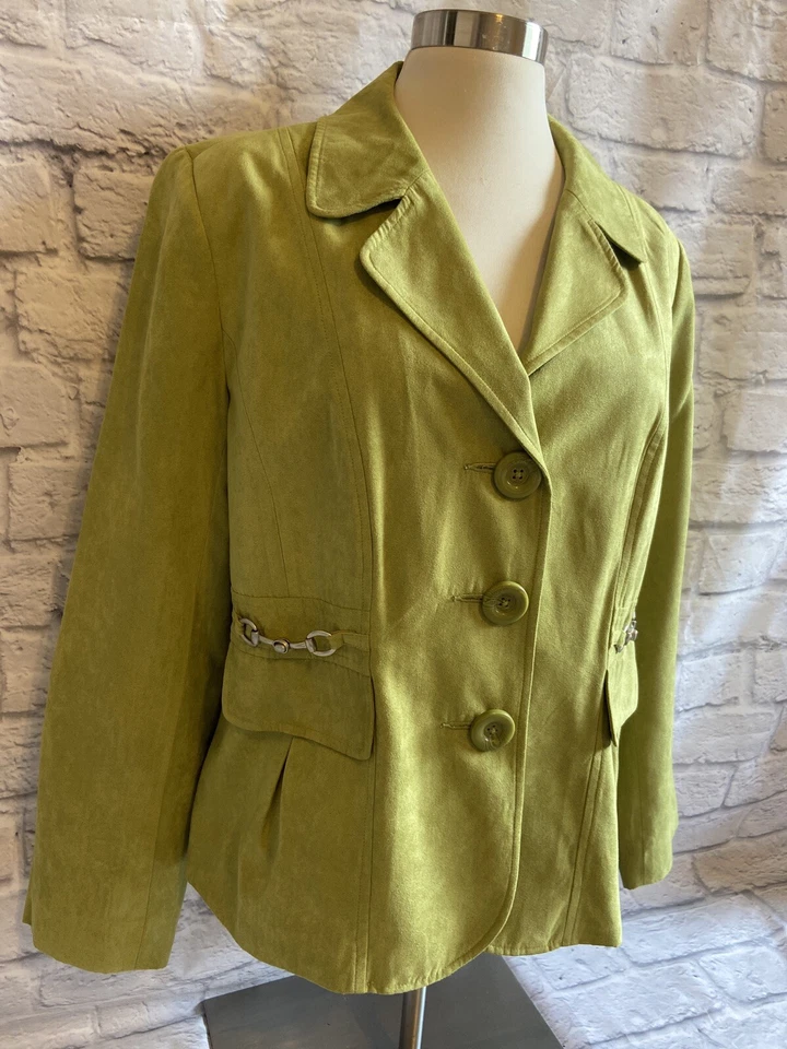 Chaqueta Blazer Para Mujer STUDIO WORKS Imitación Gamuza Forrada 3 Botones Talla 12 Verde Lima Foto 2 de 4