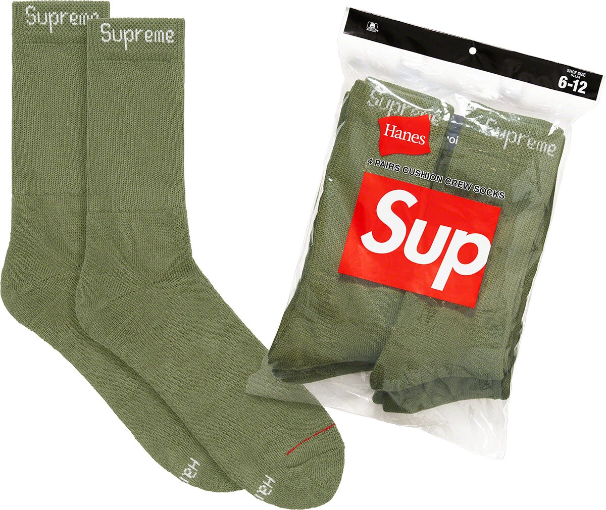 Supreme NYC Hanes Pack Crew Socks 4 Pairs Olive Vert Khaki New sealed SS22A27