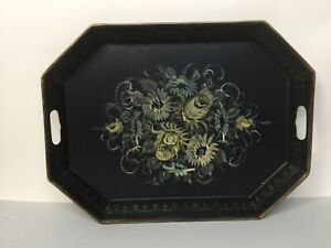 Vintage black tole metal tray with pink and white flowers and gold handles
