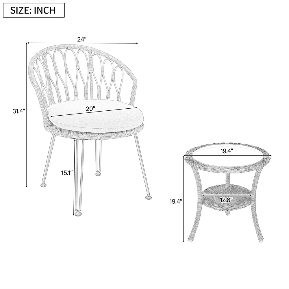 Outdoor Leisure Set 2 Rattan Single Chairs with A Glass Round Table for Patios G