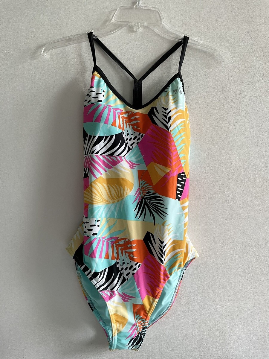 ZX Sport Kohls 1-Pc Swimsuit Tropical Print Pink Orange Aqua Black