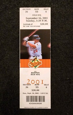 Numero　Sep 2001 Cal Ripken Jr. Final Career Game Ticket 9/16/2001 Played 10/6/01