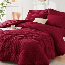 Burgundy Queen Comforter Set Seersucker 7 Pieces, All Season Luxury Bed