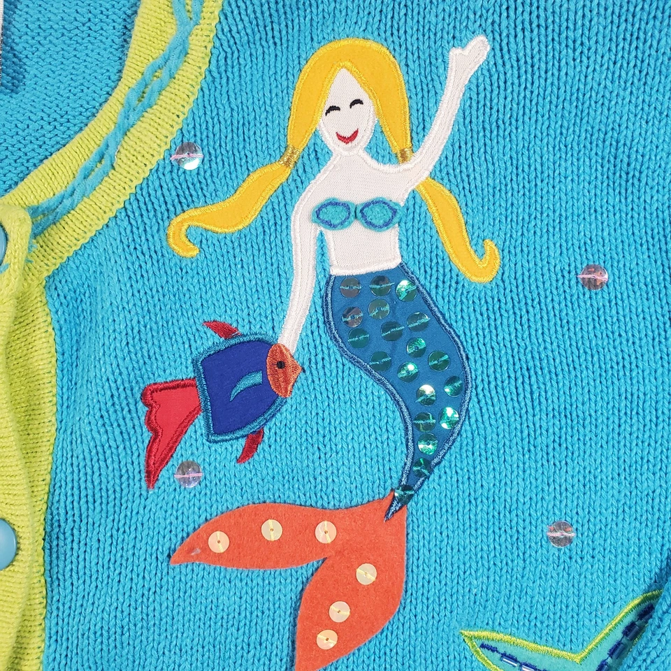 The Quaker Factory - Suéter Cárdigan Bordado Ocean Life - Talla L - Sirena Foto 3 de 4