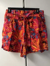 C & C California Womens Linen Blend Shorts  Floral Print Belted Pull On 8 NWT