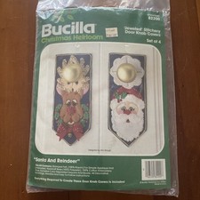 VTG Bucilla Santa And Reindeer Jeweled Stitchery Door Knob Covers 82200