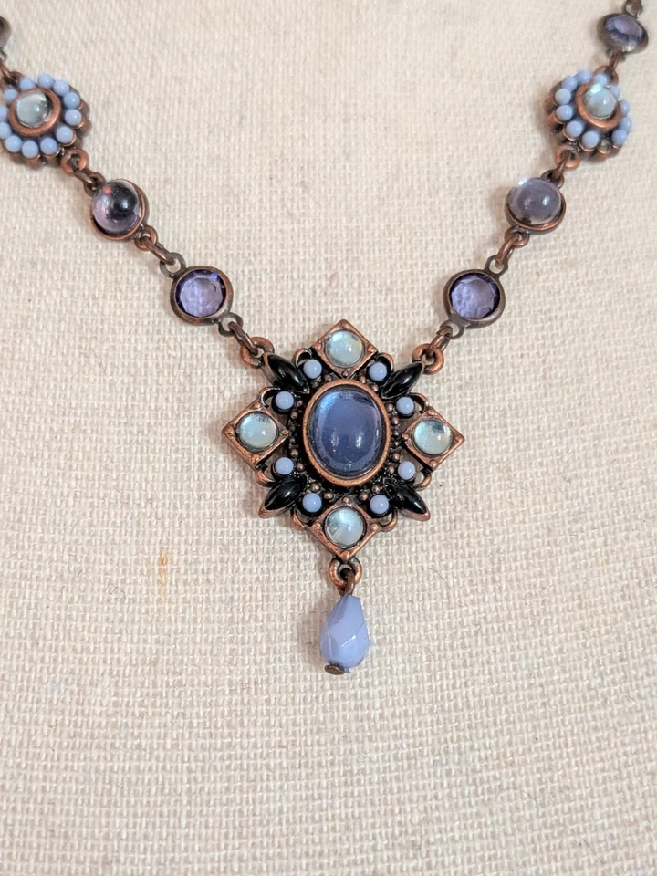 Avon SP винтажный медный тон ожерелье синие стразы и бусины ошейник 18 дюймов - Изображение 3 из 4