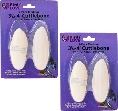 Birds LOVE Natural Cuttlebone 4'' - Calcium Supplement for Parakeets 2 Packs of 2