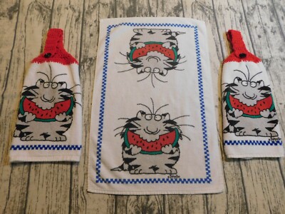 VTG BOYNTON CAT KITCHEN TOWEL LOT STRIPED CAT WATERMELON 80's HAND TOWELS