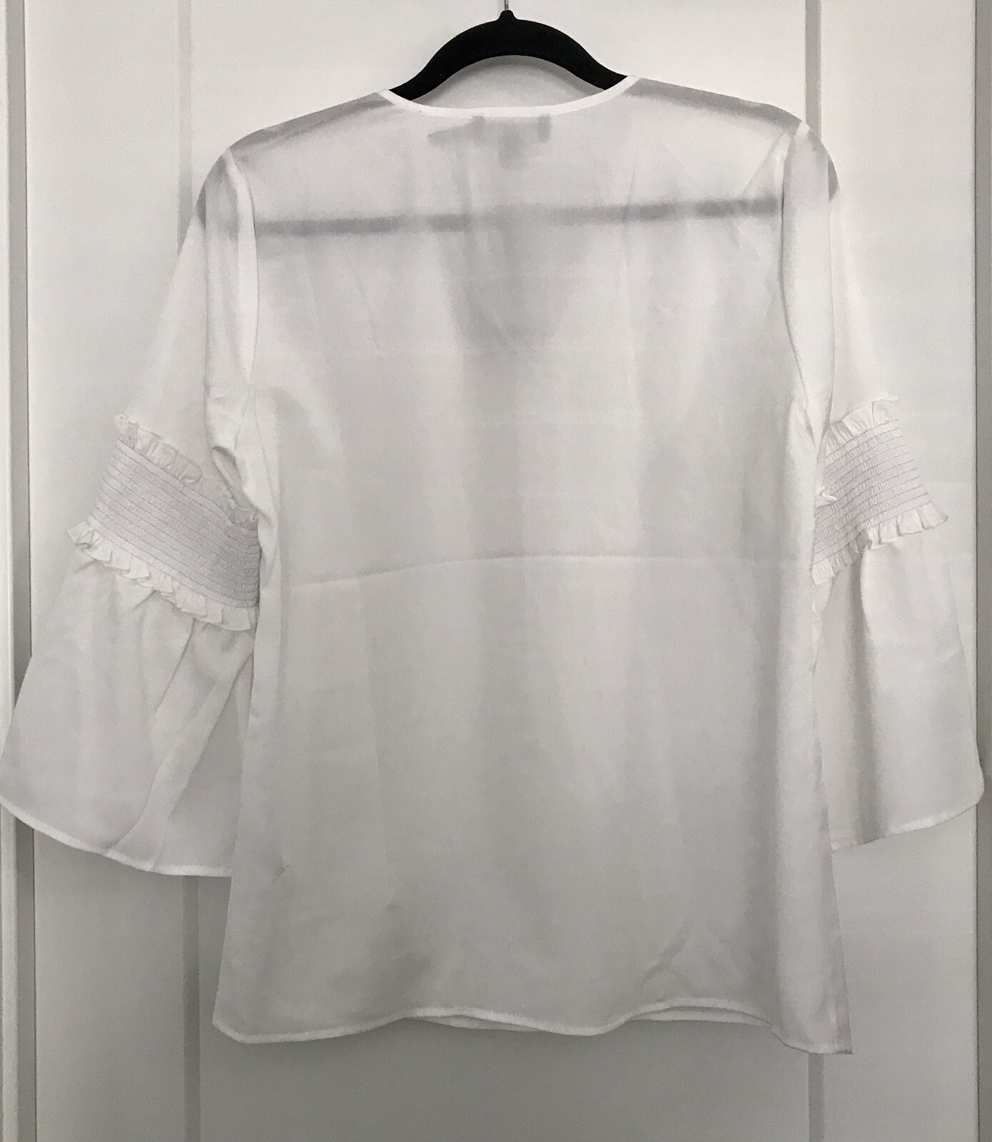 Karl Lagerfeld Women’s White Sheer Top, Pearl Accent Around Neck,Medium