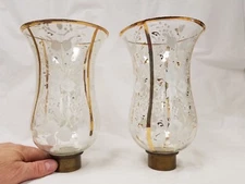 Antique Pair Glass Oil Lamp Shade Chimneys Hand Painted Gold & White
