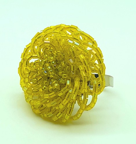 Handmade GLASS SEED BEADED yellow 1.5 inch flower shape fashion Adjustable ring - Picture 3 of 4