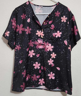 Women's Large 1/4 Button-Up Floral Print Short-Sleeve Blouse