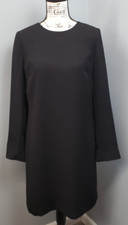 Talbots Elegant Crepe Sheath Dress Womens 6 Black Jeweled Button Round Neck Zip
