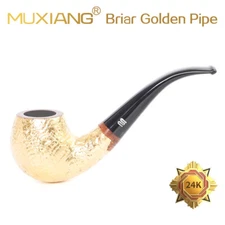 MUXIANG 24K Golden Briar Wood Billiard Tobacco Pipe 9mm Acrylic Bent Taper Stem 