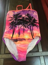 OP Girls Purple Sunset Palm Trees Swimming Bathing Swim Suit Size 7-8 Medium EUC