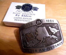1959-1984 STATE OF ALASKA 25TH ANNIV PEWTER BELT BUCKLE BY ELDON W/ORIG BOX