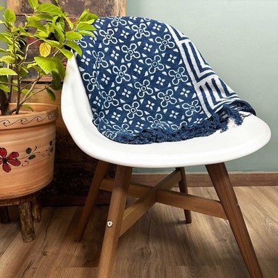 Indigo-Überwurf handgefertigt aus Baumwolle 170 x 120 cm Kasba Tiles