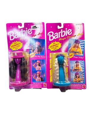 Vintage Lot Of 2 Barbie Magic Change Hair Hats Blonde & Brunette Curly Wavy