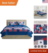 3-Piece Caroline Patriotic Quilt Set - Americana Stars and Plaid Patchwork Be...