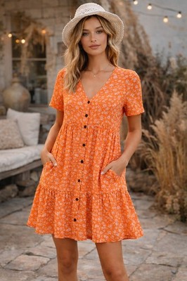 Ces Femme Orange Floral Babydoll Dress Tiered Button Front Side Pockets Size M