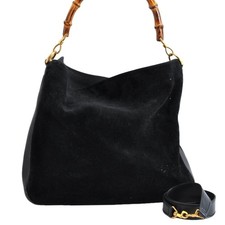 Auth GUCCI Bamboo 2Way Shoulder Cross Body Hand Bag Suede Leather Black AD950