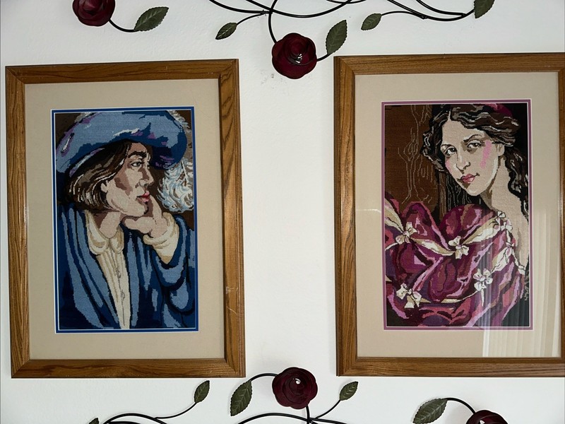 2 Vintage Framed 18” X 24”Cross Stitched Rennaisance Man/Woman Beautifully Done