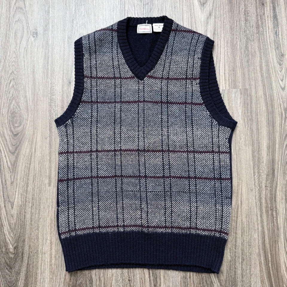 VTG Hathaway Men's Medium V-Neck Plaid Wool Sweater Vest Navy Blue - Image 2 of 4