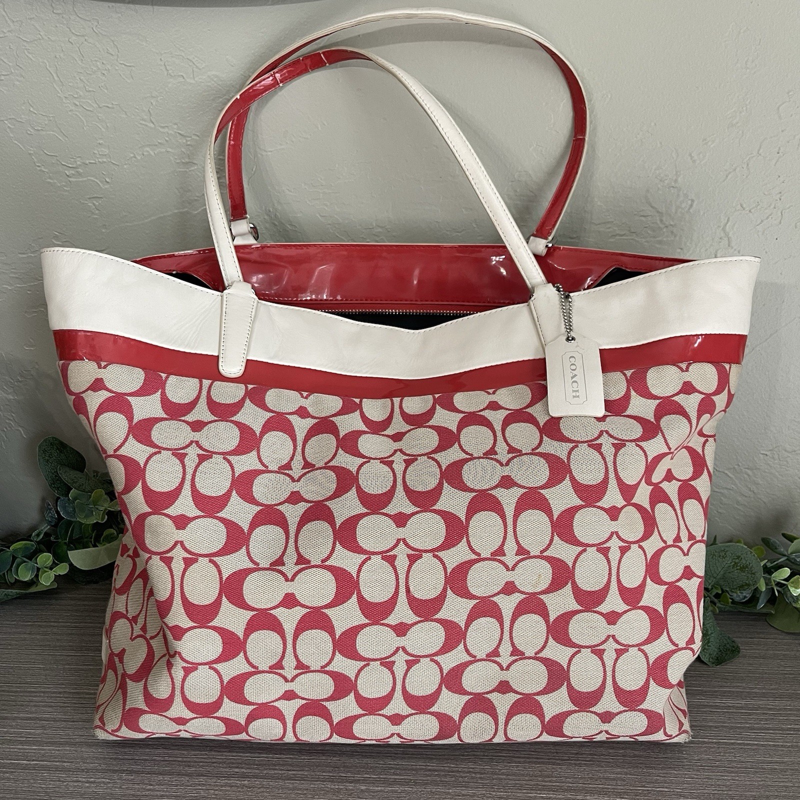 COACH Signature Logo Print Light Khaki Red Large Tote Bag