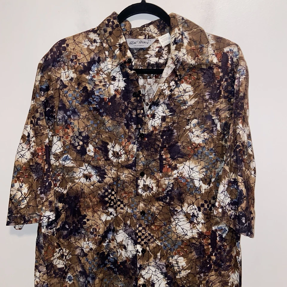 Camisa Da Vinci Para Hombre Grande Campamento Retro Abstracta Hawaiana California Años 70 EE. UU. De Colección Foto 3 de 4