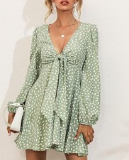 WOMEN MINT GREEN V NECK LONG SLEEVE TEA DRESS ( IN SIZES S , XL )