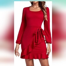 Women’s Square Neck Lantern Long Sleeve Tie Waist Wrap Ruffle Hem Bodycon Dress
