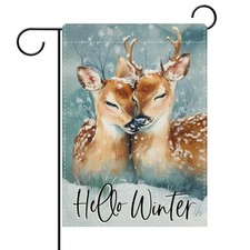Hello Winter Reindeer Decorative Garden Flag, Snowy Cute Deer Winter Deer