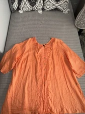 Avenue Womens 100% Linen Shirt Plus 30/32 Embroidered Button Up Coral Summer