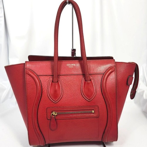 Celine Luggage Micro Shopper Red Grained Calfskin Gold HW Auth Italy