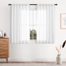 Faux Linen Textured White Sheer Curtains - Rod Pocket Semi Voile Sheer Bedroo...