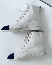 Chanel Vintage Canvas Leather Lined Cream Black Cap Toe Boots Sz 37