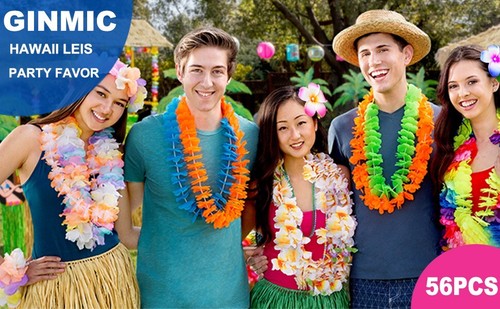 56 PCS Hawaiian Leis Luau Party Decorations Tropical Favors Necklace Hair Clip..