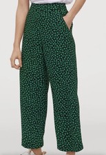 H M Women Dress Pants Sz 6 wide leg cropped Elastic Floral trousers Black Green